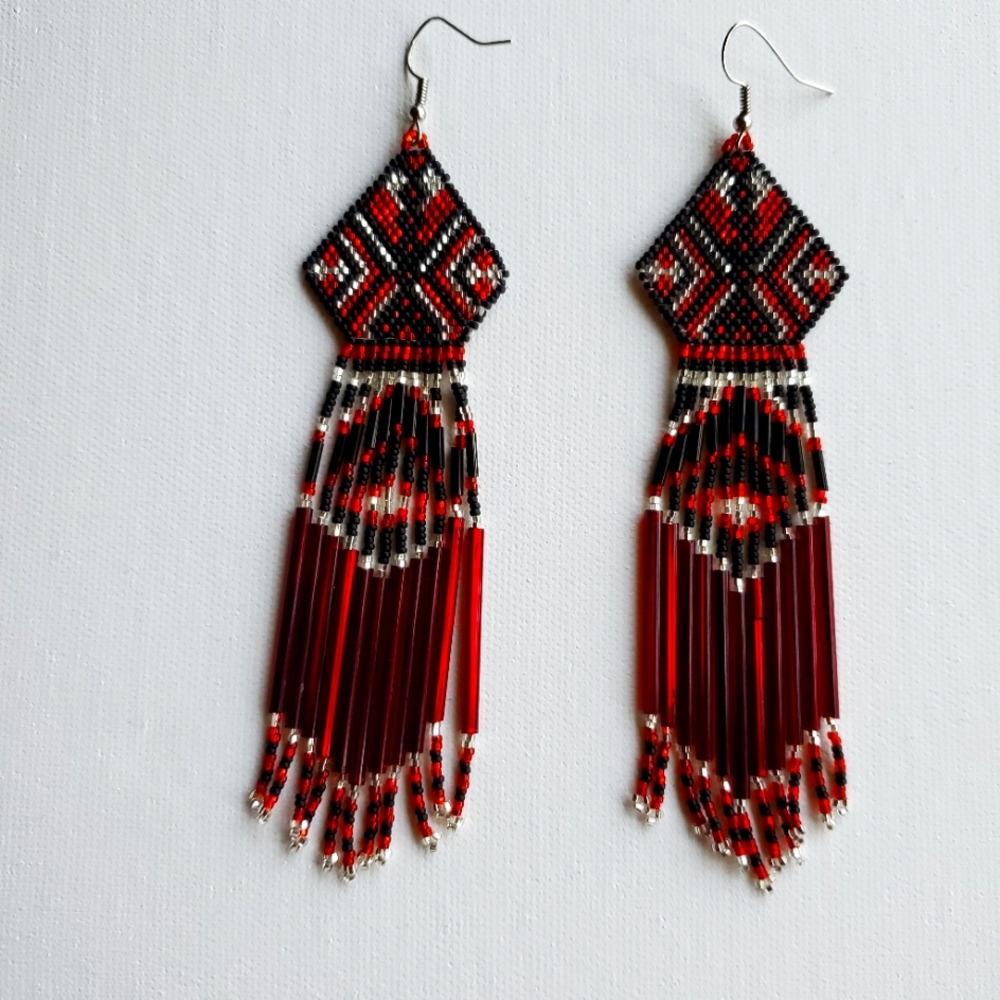 Red fringe earrings